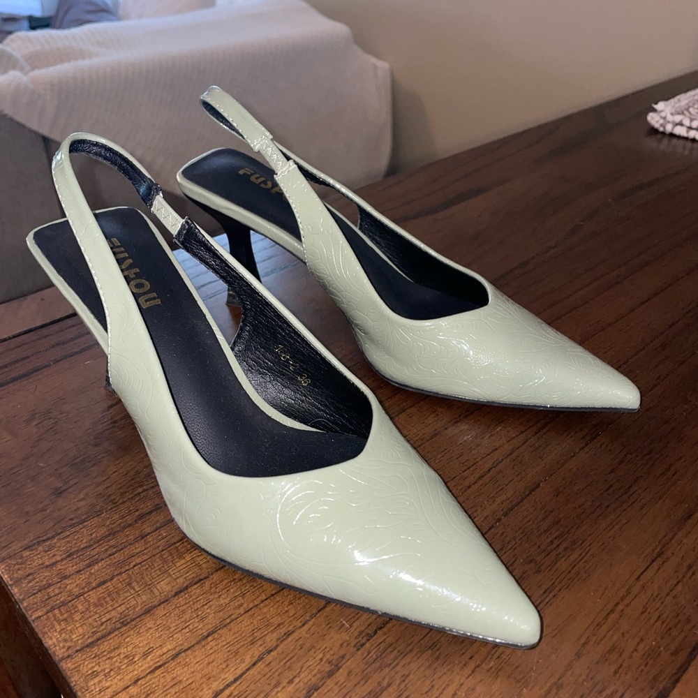 Mint Green Embroidered Slingback Kitten Heels